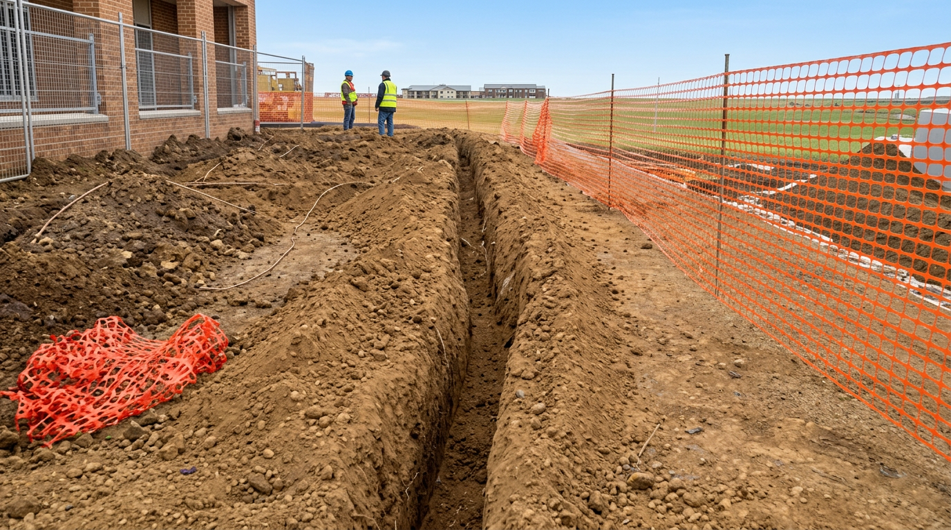 Trench prepared for the installation of copper earth conductors