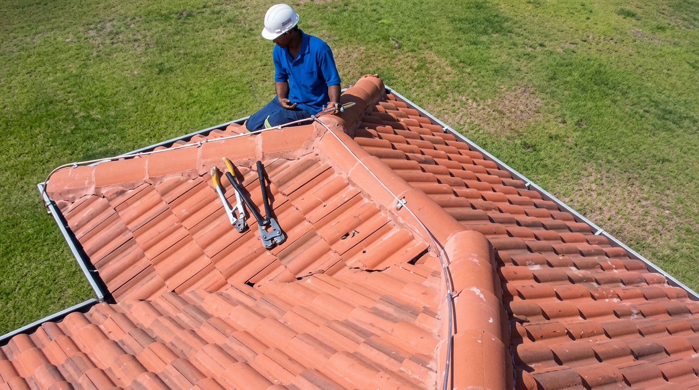 ALP technician installing air termination on a tiled roof