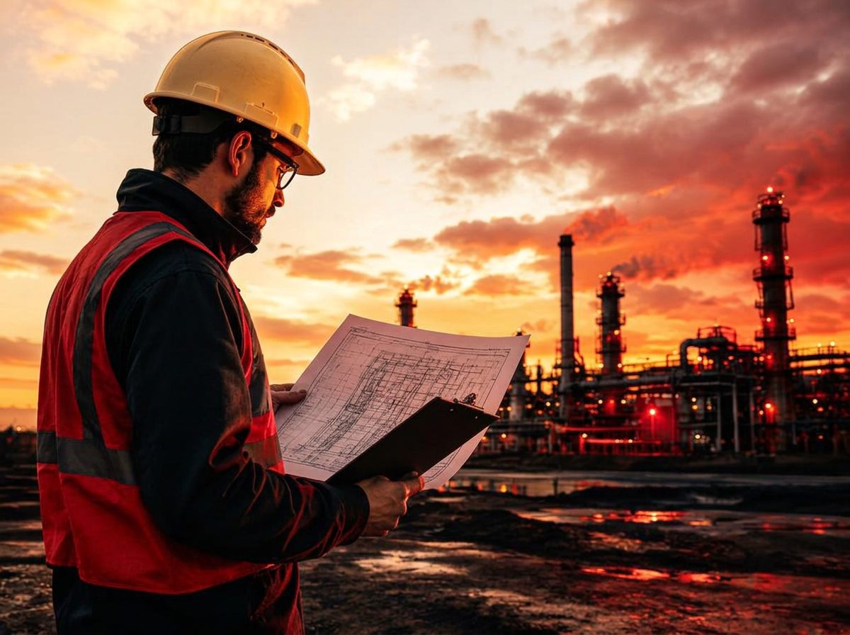 Engineer reviewing technical drawings at an industrial site at dusk
