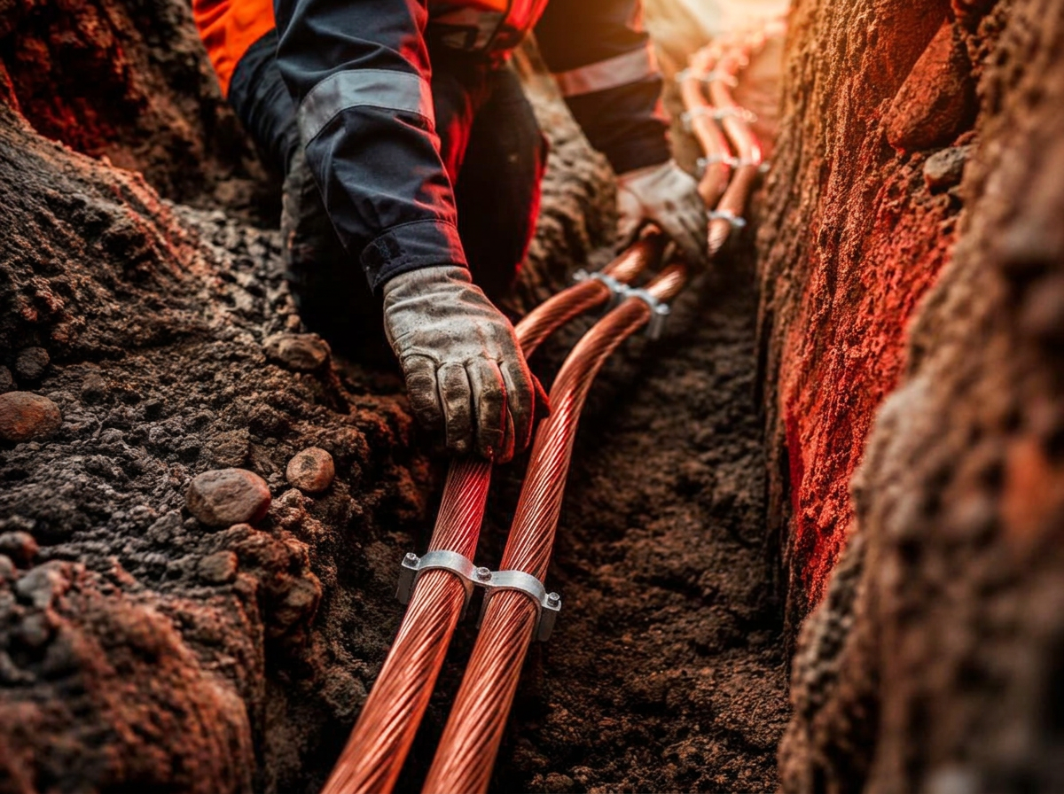 Copper earth conductors being installed in a soil trench