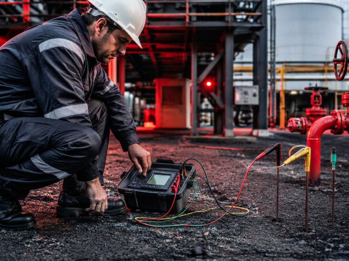 Technician testing earth resistance with a digital tester