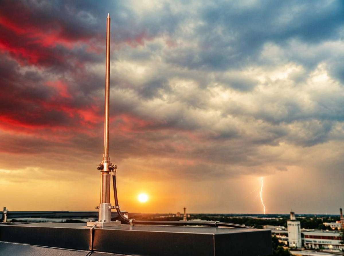 Copper air termination rod on a rooftop against a storm sky