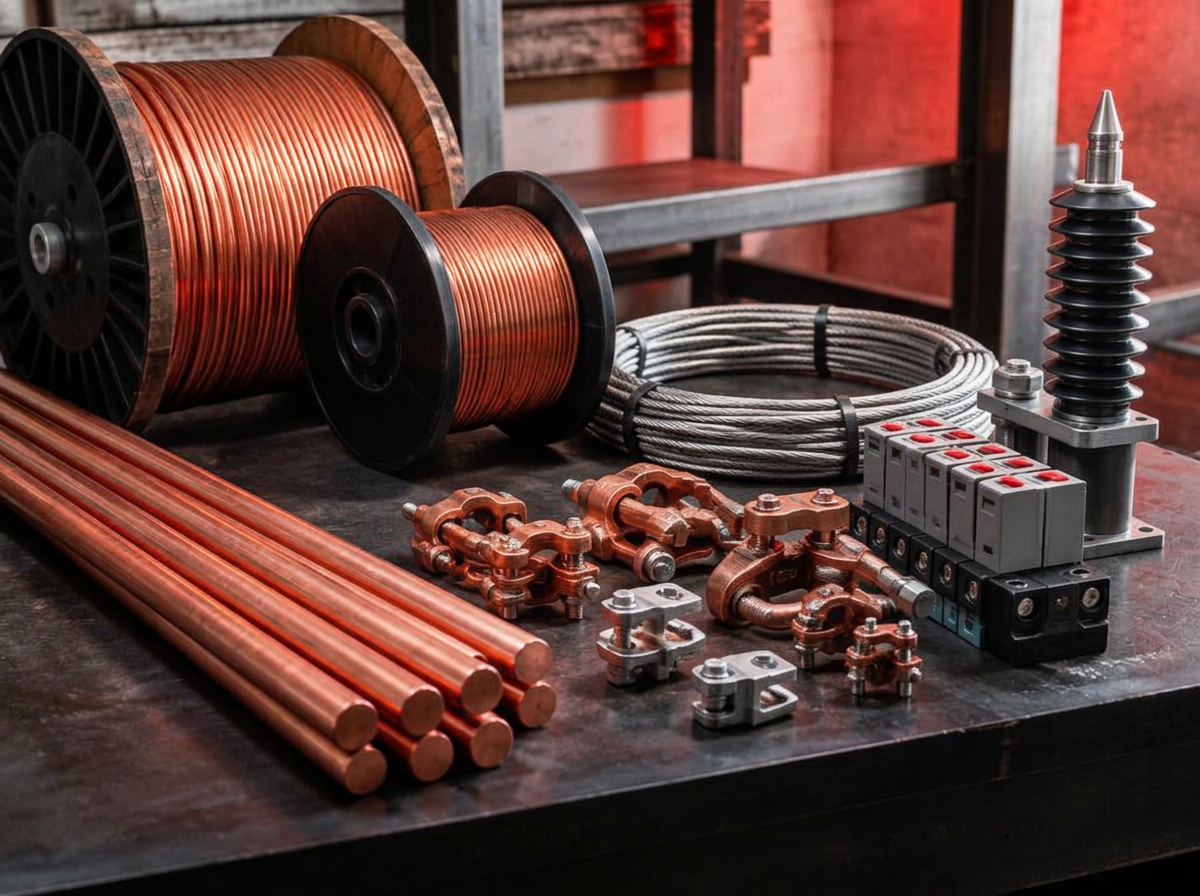 Lightning protection materials and copper components on a workbench